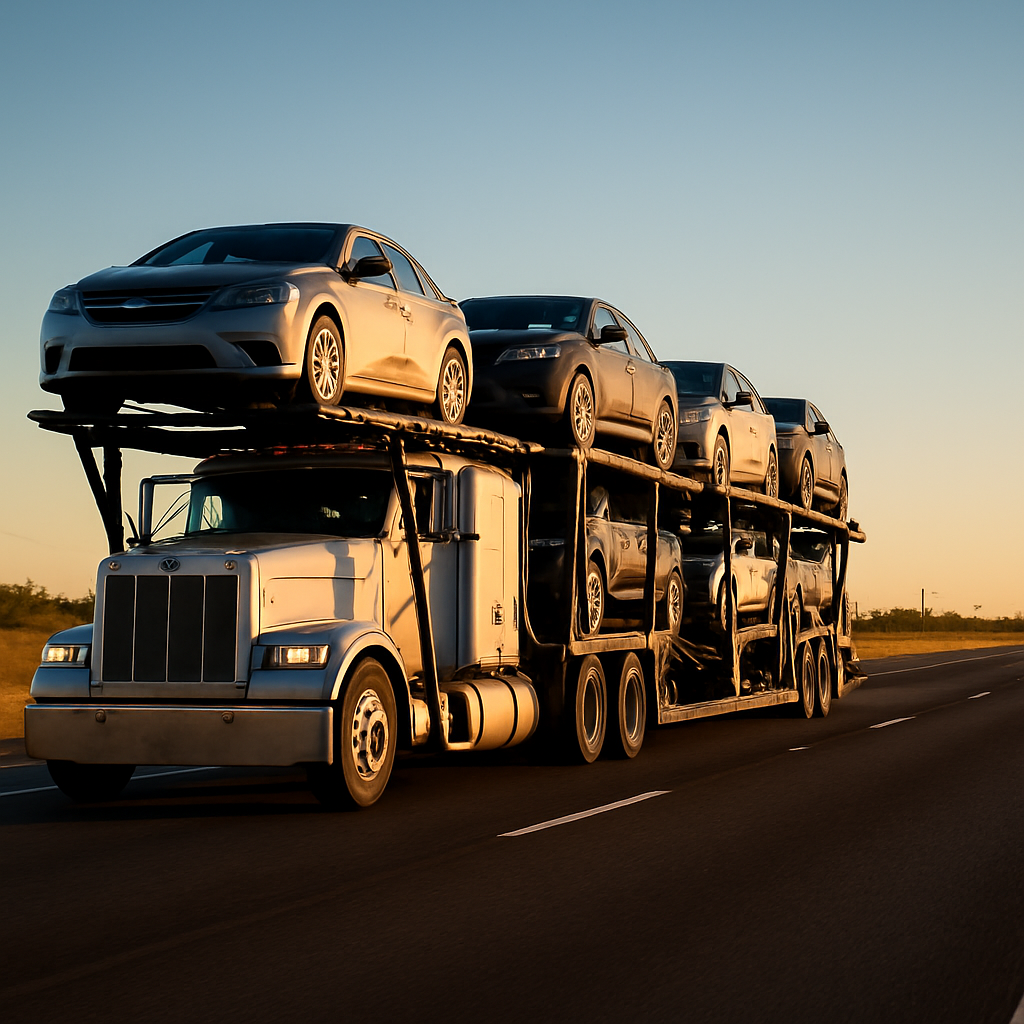 Zion Logistics car carrier transporting vehicles on a Texas highway